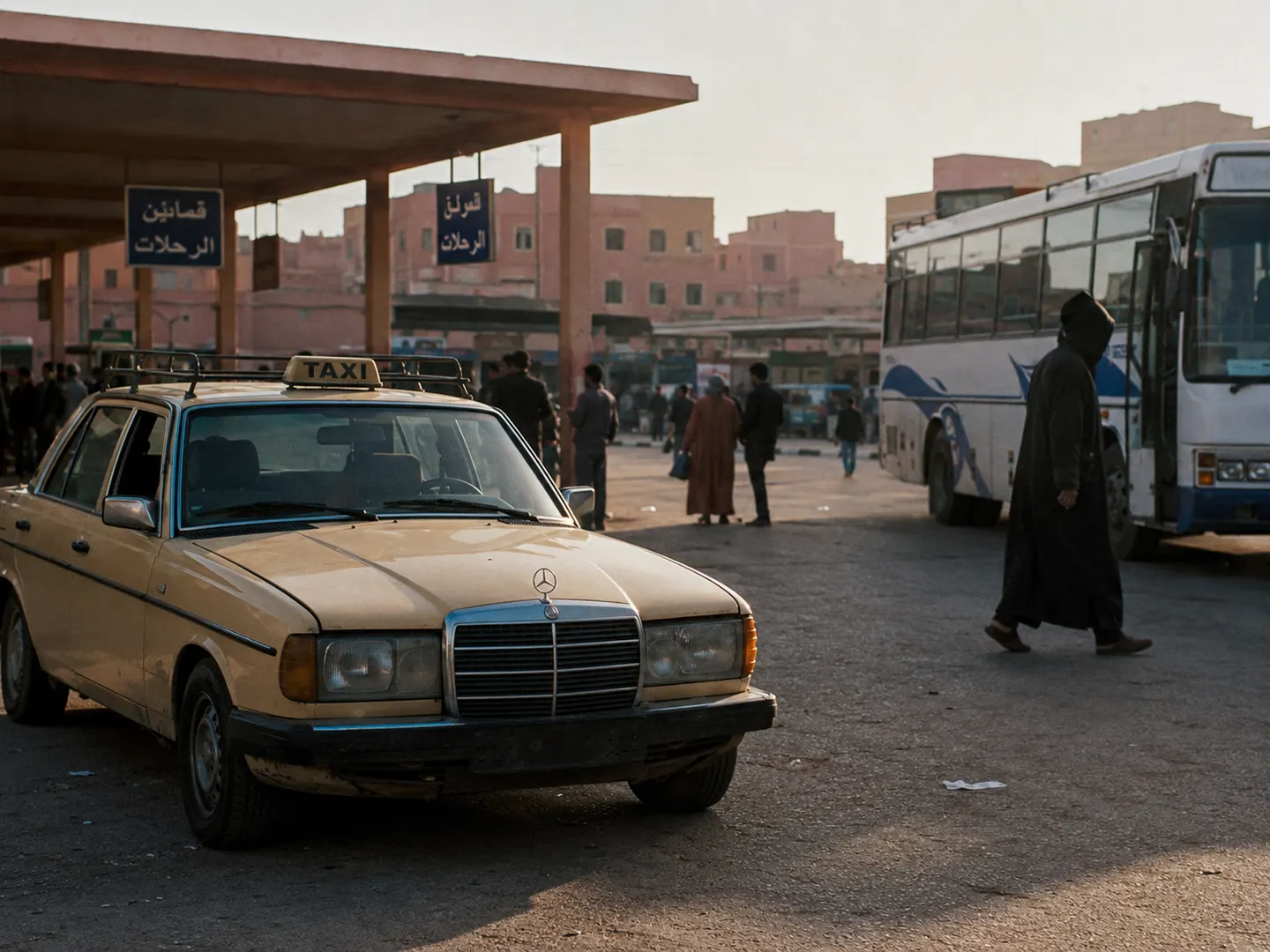 طاكسي فمحطة الطرق، والحافلة والمسافرين فالخلفية